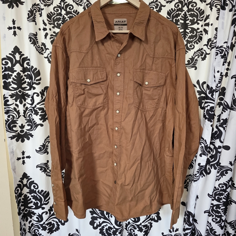 NWT Ariat Men's 3XL Retro Casual Tan Button Down Shirt Snap Long Sleeve